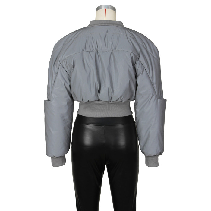 Fashionable Round Neck Long Sleeve Zipper Waist-Tied Warm Casual Reflective Cotton Jacket