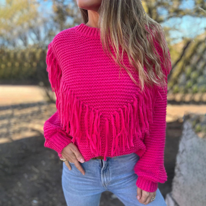 Fashionable Loose Long Sleeve Fringe Knit Top