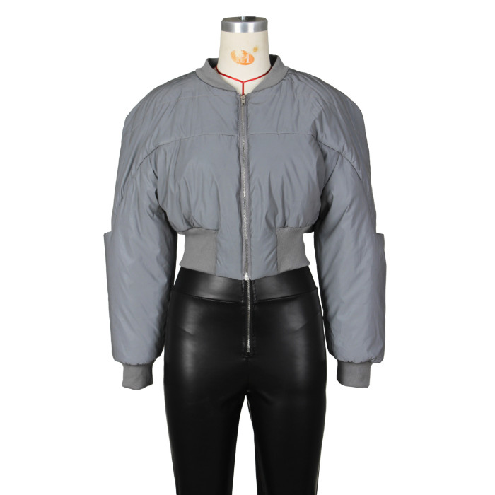 Fashionable Round Neck Long Sleeve Zipper Waist-Tied Warm Casual Reflective Cotton Jacket