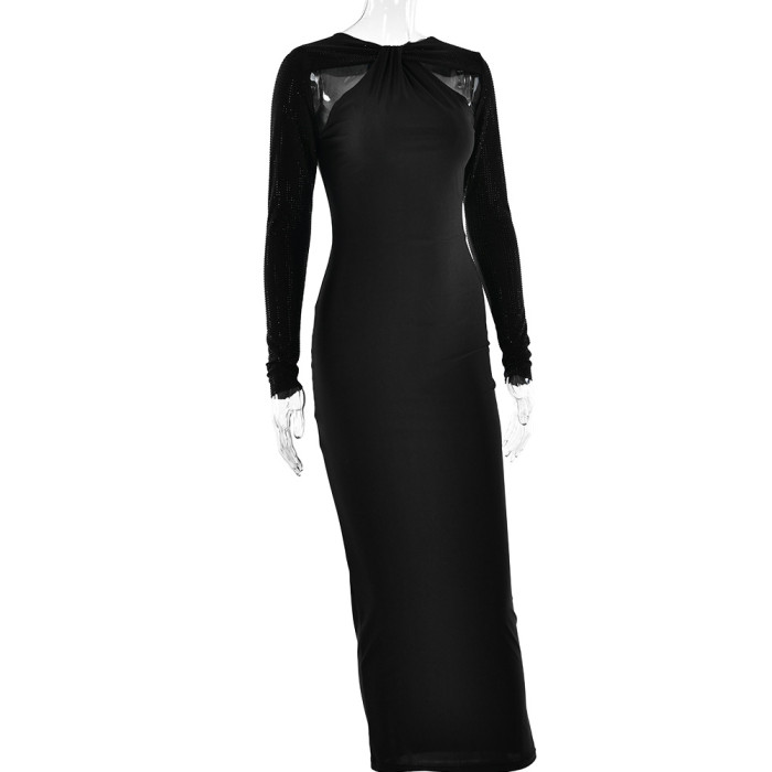 Sexy Tight-Fitting Long-Sleeved Patchwork Maxi Dress