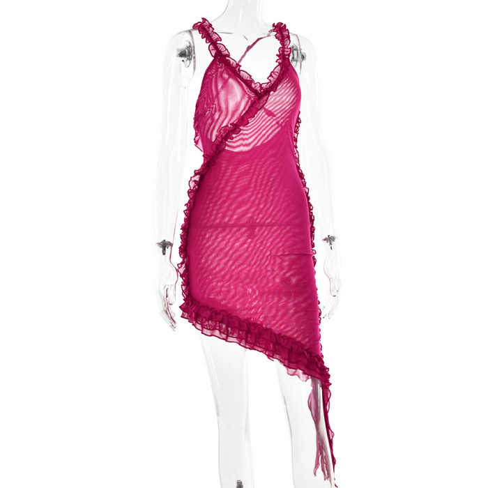 Asymmetrical Lace V-Neck Sheer Back and Ruffle Mini Dress