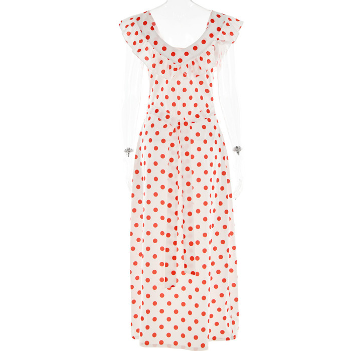 Polka Dot Printed Sexy Waistline Ruffled Hem and Spaghetti Straps A-line Skirt