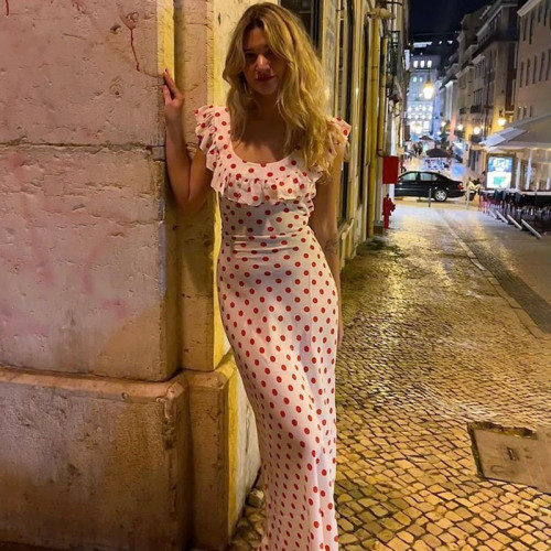 Polka Dot Printed Sexy Waistline Ruffled Hem and Spaghetti Straps A-line Skirt