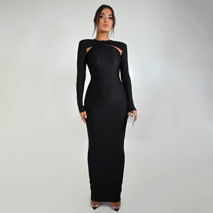 Sexy Tight-Fitting Long-Sleeved Patchwork Maxi Dress
