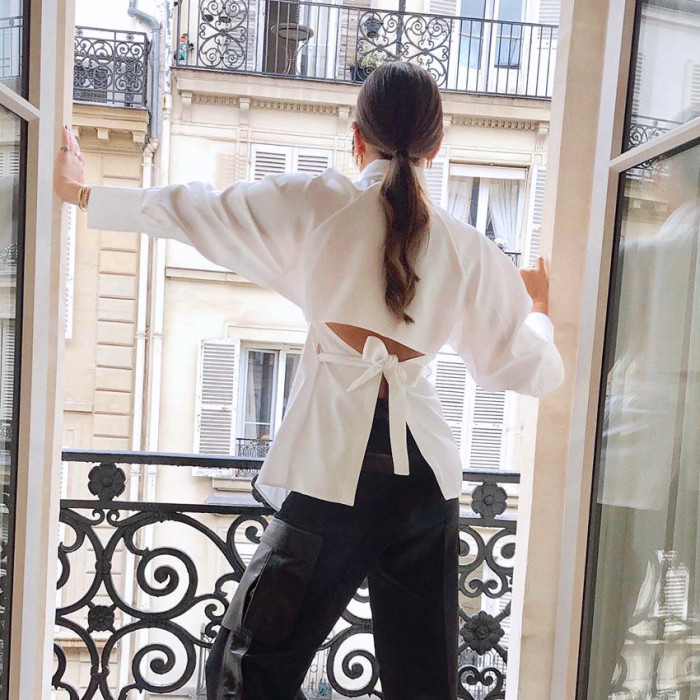 Hollow-out Backless Design White Long-Sleeved Waist Cinching Shirt