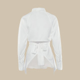 Hollow-out Backless Design White Long-Sleeved Waist Cinching Shirt