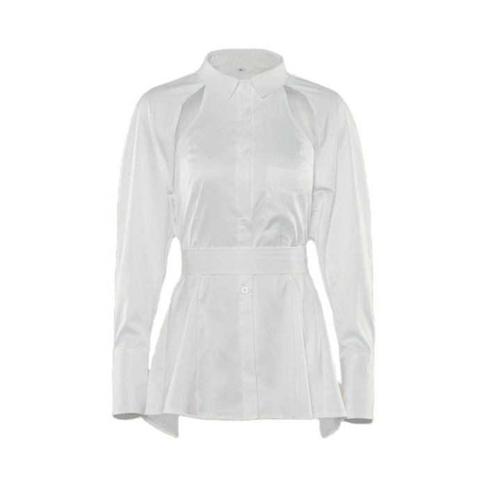 Hollow-out Backless Design White Long-Sleeved Waist Cinching Shirt