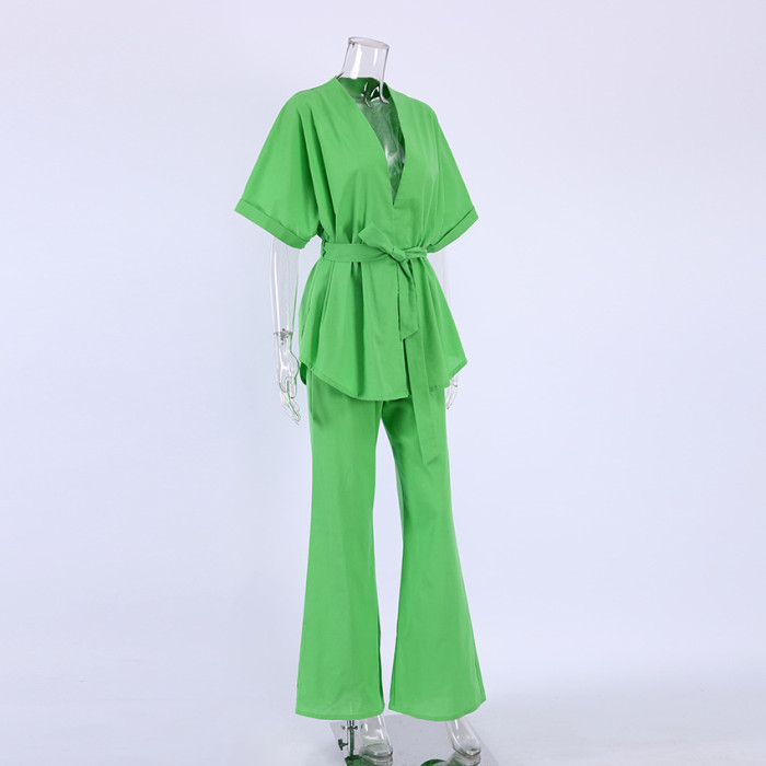 Cotton Short-Sleeved Long Pants Two-Piece Set with Belt