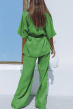 Cotton Short-Sleeved Long Pants Two-Piece Set with Belt