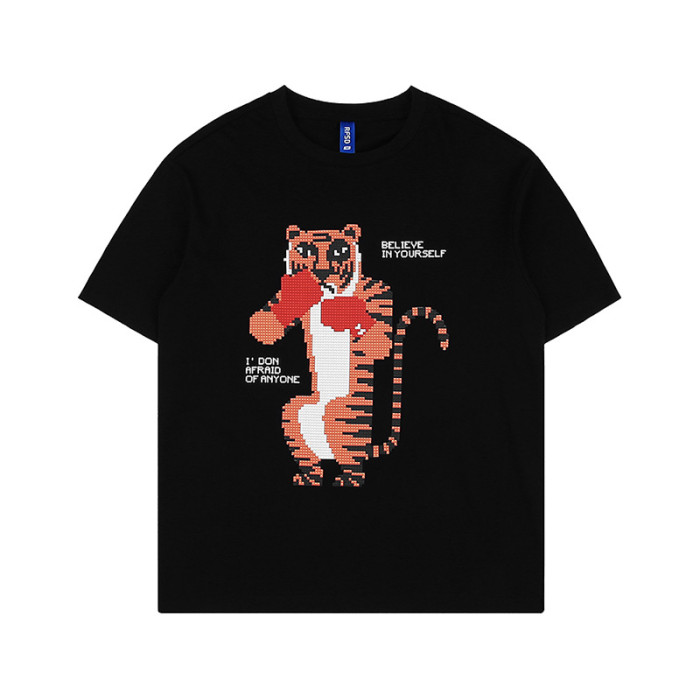 Cotton Unisex Short Sleeve Fun Anime Tiger Print Loose T-Shirt