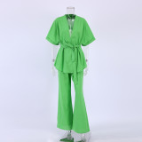 Cotton Short-Sleeved Long Pants Two-Piece Set with Belt