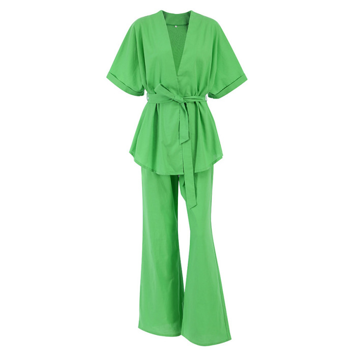 Cotton Short-Sleeved Long Pants Two-Piece Set with Belt