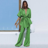 Cotton Short-Sleeved Long Pants Two-Piece Set with Belt