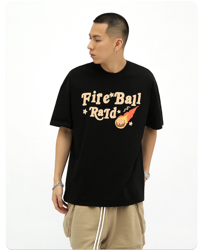 Fire Ball Ratd English Letter Print Loose Fit Cotton Men's T-Shirt