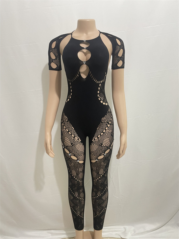 Solid color hanging neck long sleeve hollow out diamond-studded sexy slim high-waisted lace jumpsuit