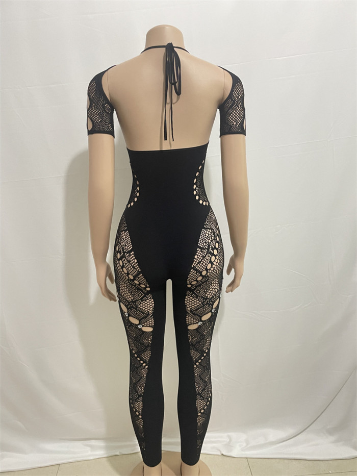 Solid color hanging neck long sleeve hollow out diamond-studded sexy slim high-waisted lace jumpsuit