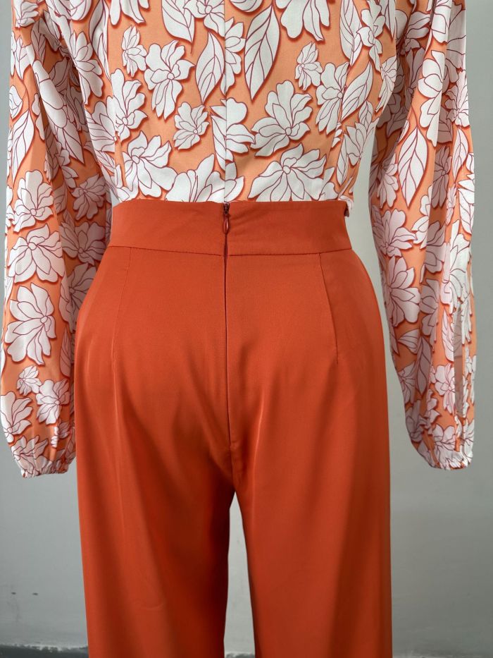 Autumn Half-High Collar Printed Long-Sleeved Shirt with High-Waisted Split Wide-Leg Pants Casual Suit