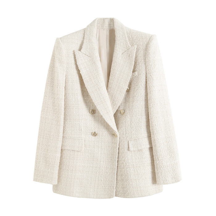 Textured Double-Breasted Mid-Length Suit Jacket