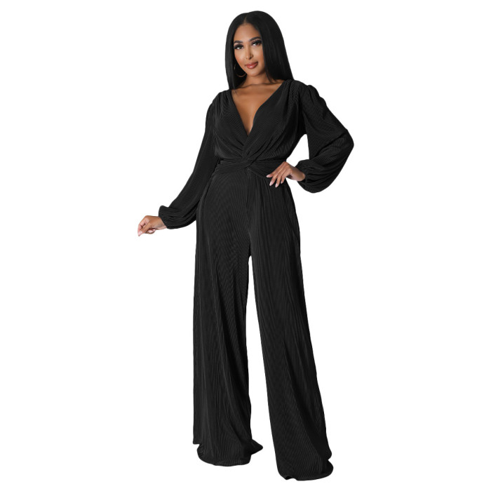Autumn/Winter V-Neck Pleated Fabric Long Sleeve High-Waisted Wide Leg Jumpsuit