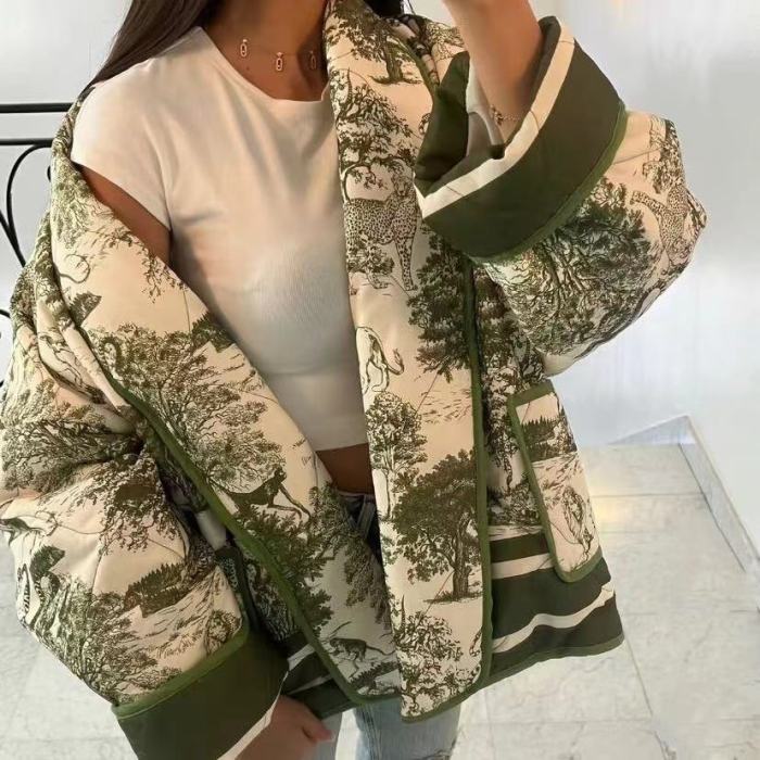 Women  Printed Double Pocket Decorated Cotton Padded Jacket