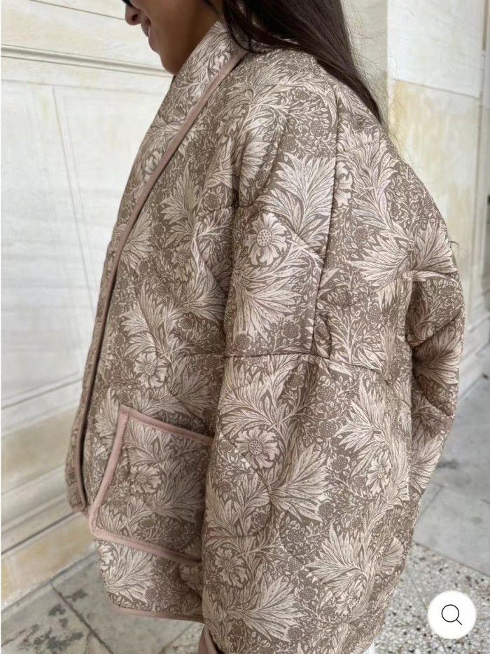 Women  Printed Double Pocket Decorated Cotton Padded Jacket