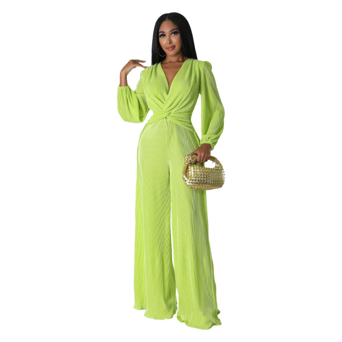 Autumn/Winter V-Neck Pleated Fabric Long Sleeve High-Waisted Wide Leg Jumpsuit