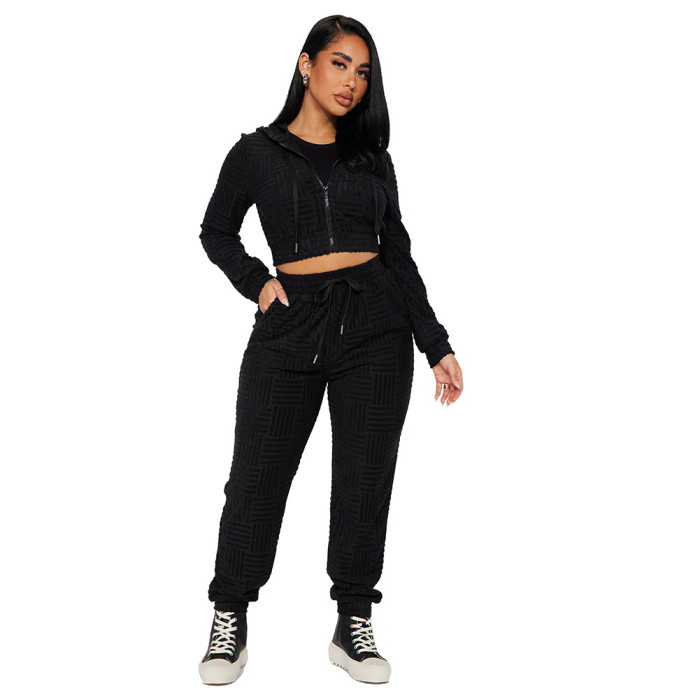 Jacquard Hooded Long Casual Sports Suit with Zipper
