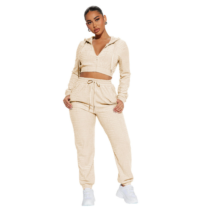 Jacquard Hooded Long Casual Sports Suit with Zipper