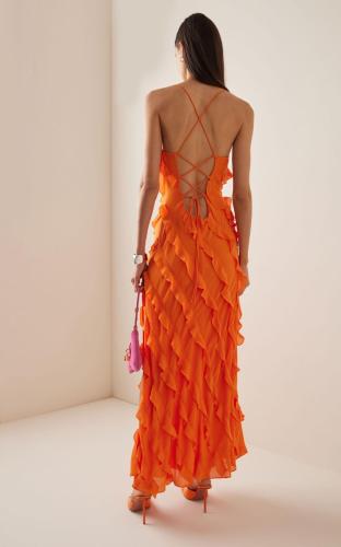 Split Hem One-Shoulder Slip Dress with Mushroom Trim