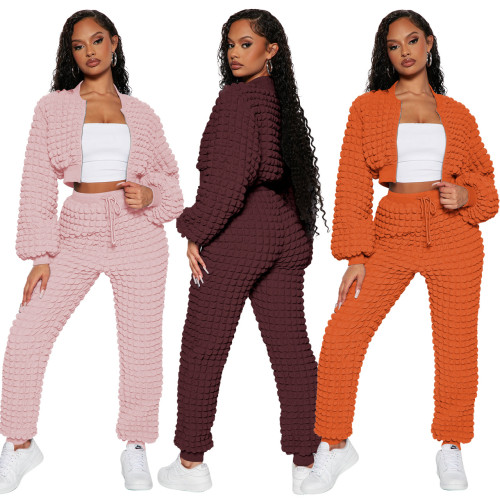 Women's Fashion Casual Solid Zipper Long Sleeve Draw String Two-Piece Pants Set