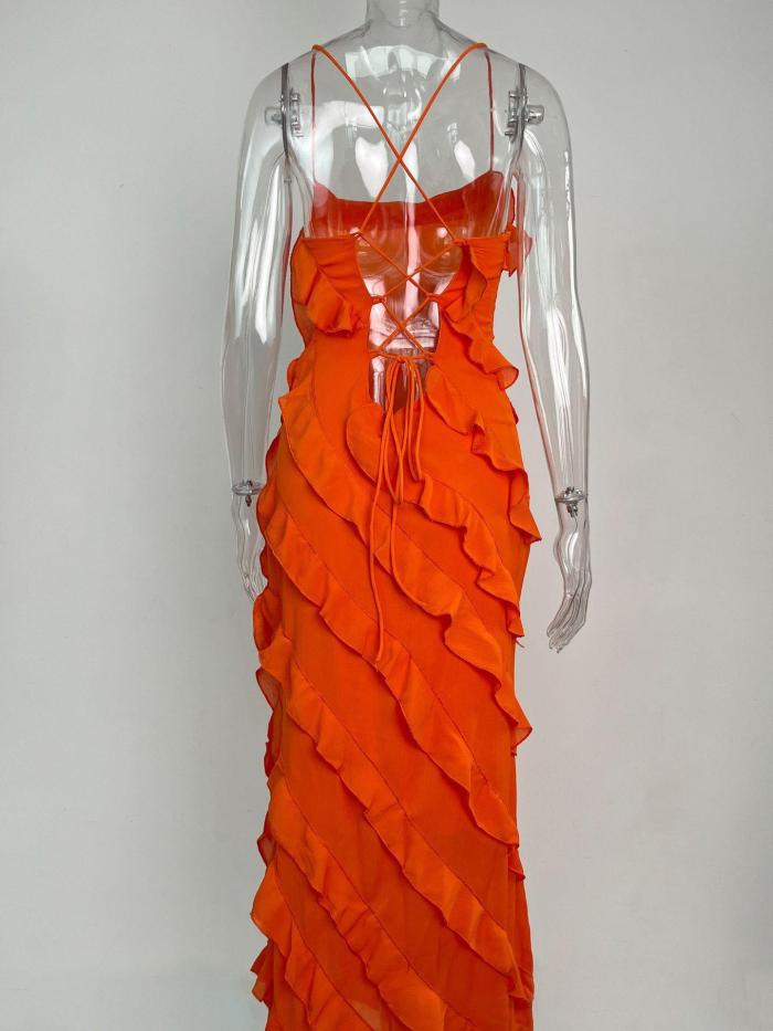 Split Hem One-Shoulder Slip Dress with Mushroom Trim