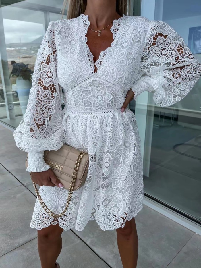 Sexy Hollow Out Water Soluble Lace Floral Edge Elegant Commuter Dress