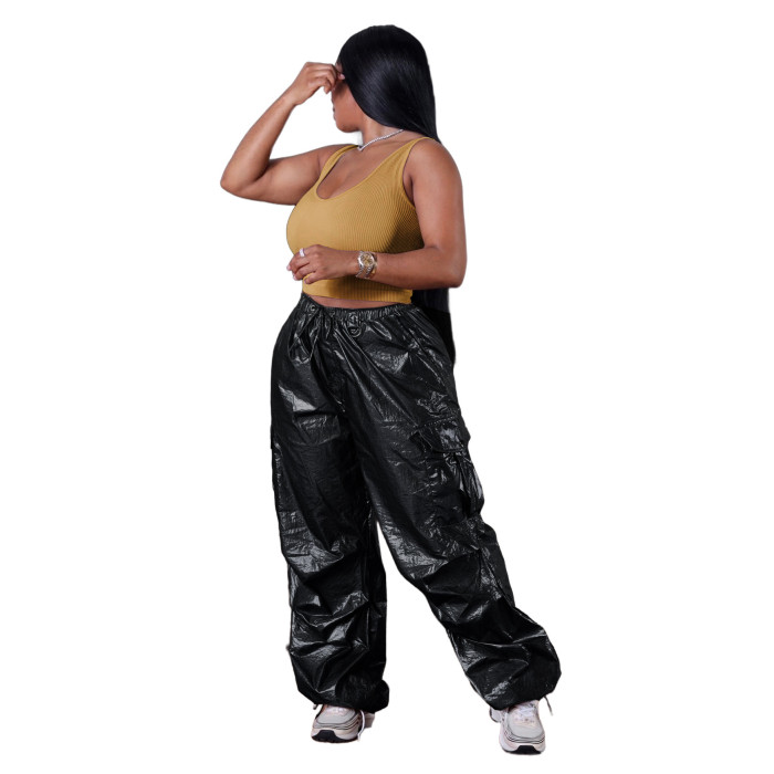 casual pants solid color three-dimensional pocket pleated patent leather cargo pants women