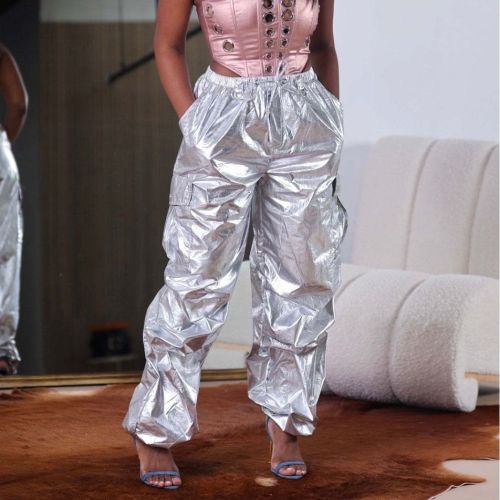 casual pants solid color three-dimensional pocket pleated patent leather cargo pants women