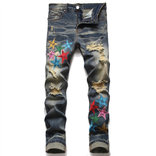 Men's Distressed  with Embroidered Five-pointed Star Trendy Stretch Slim-fit Tapered Jeans Pants