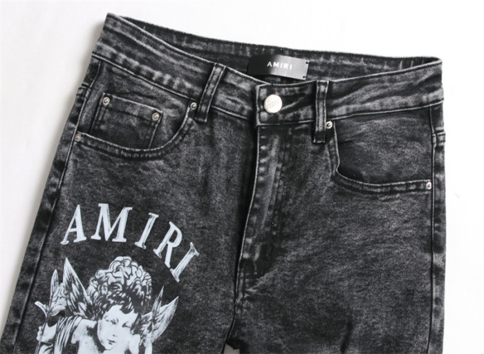 Men's Slim-fit Elastic Angel Print Cotton Black Distressed Jeans