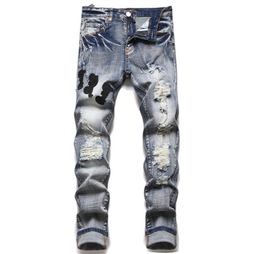 Men's Distressed with Patch Trendy Stretch Slim Fit Tapered Jeans Pants