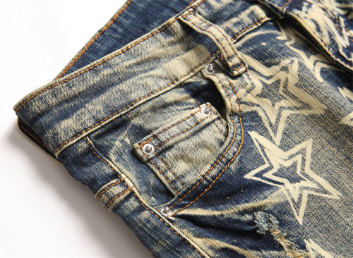 Men's Stretchy Slim Vintage Blue Distressed Denim Jeans