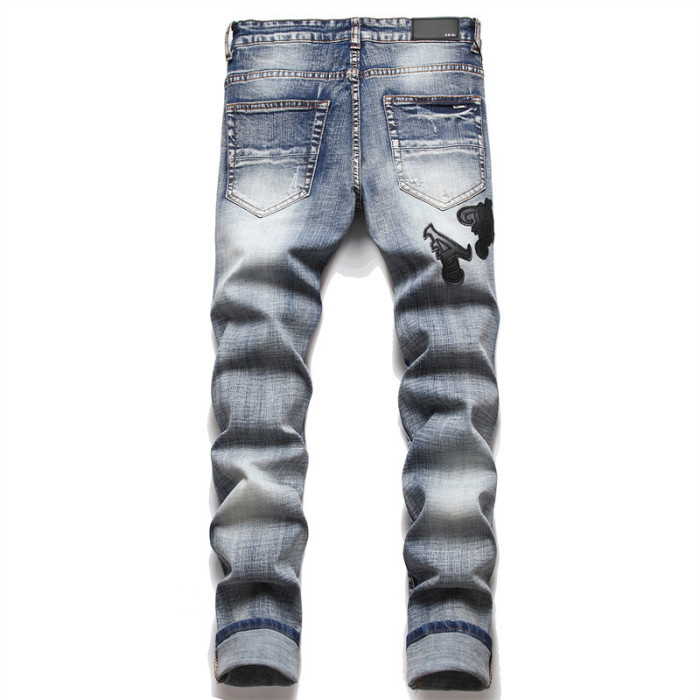 Men's Distressed with Patch Trendy Stretch Slim Fit Tapered Jeans Pants