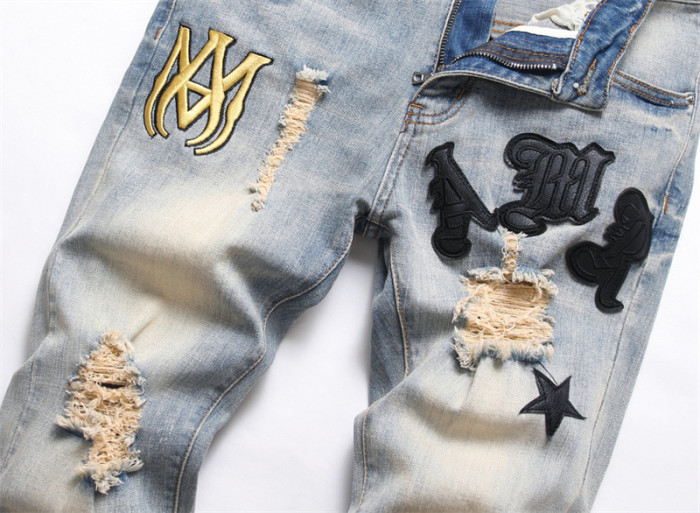 Men's  Starry Ripped Vintage Design Slim Fit Stretch Jeans with Embroidered Leather Patch