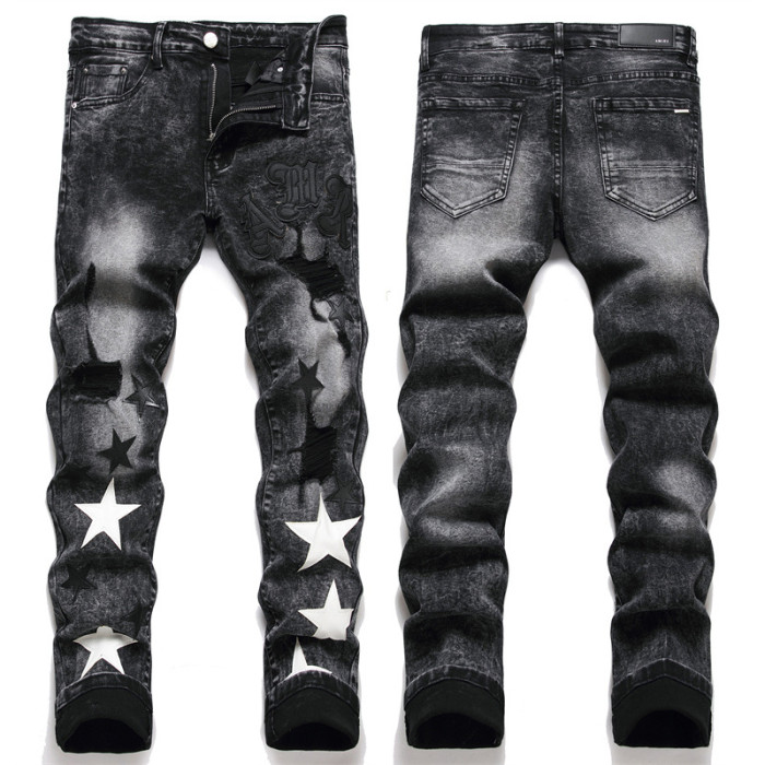 Men's Embroidered Star and Distressed Details Skinny Jeans