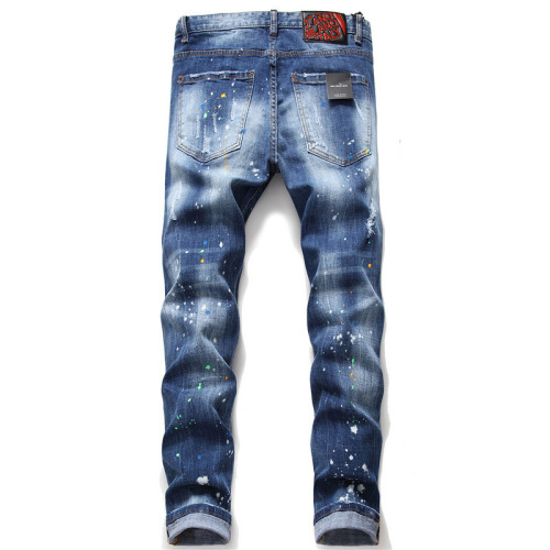 Men's Distressed Patches Stretchy Paint Splatters and Badge Straight-Leg Jeans
