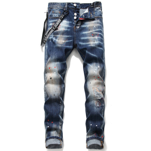 Distressed Denim Paint Splatter Slim Fit Jeans for Men