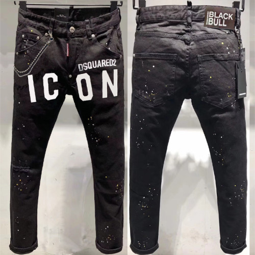 Men's Slim-fit Fashionable Black Printed Cotton Elasticity Paint splattered Street-style Pants