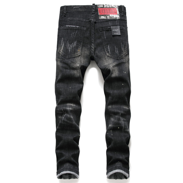 Men's Black Paint Splatter Slim Fit Patchwork Stretch Denim Jeans