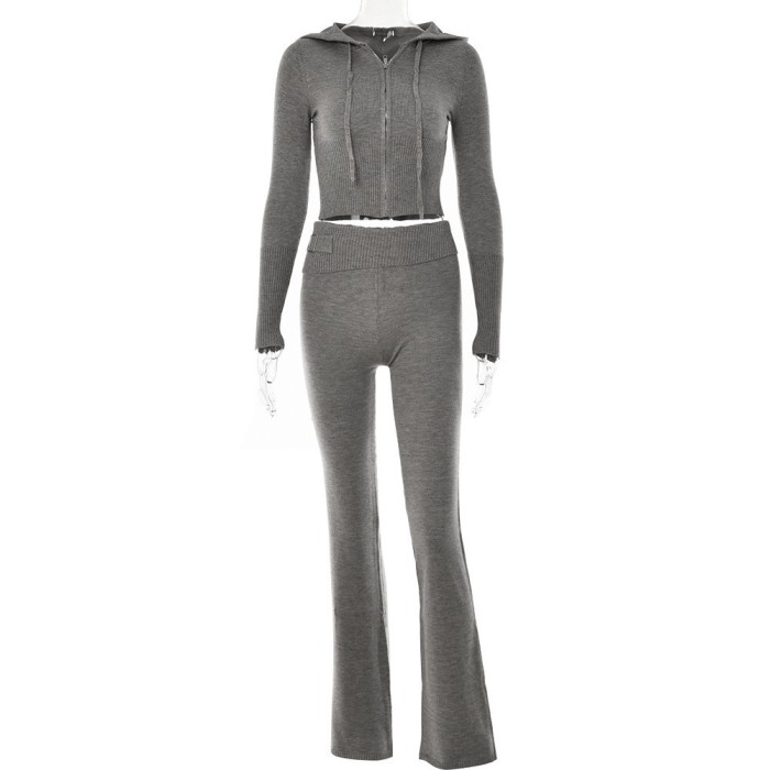 Women's Sexy High-Waisted Long-Sleeved Long Pants Knitted Hooded Set