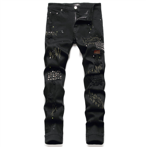 Men's Black Slim Fit Distressed Stud Embellished Jeans