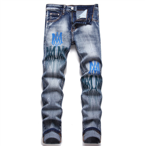 Elasticity and Trendy Prints Distressed Denim Jeans