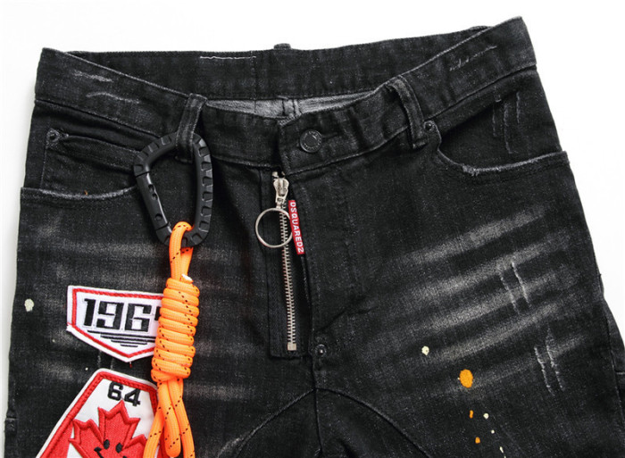 Men's Black Paint Splatter Slim Fit Patchwork Stretch Denim Jeans