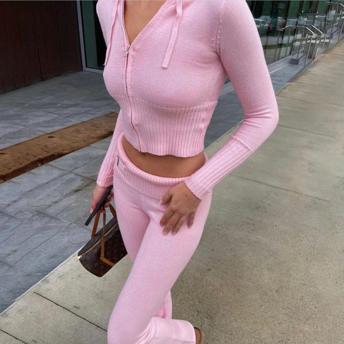 Women's Sexy High-Waisted Long-Sleeved Long Pants Knitted Hooded Set